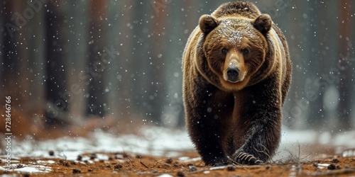 Brown bear in winter forest, walking. Snowfall, blizzard. Scientific name-Ursus arctos. Natural habitat, Generative AI