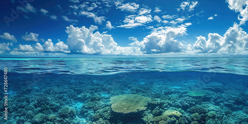 Great Barrier Reef on the coast of Queensland, Australia seascape. Coral sea marine ecosystem underwater split view with a blue daylight sky wallpaper background