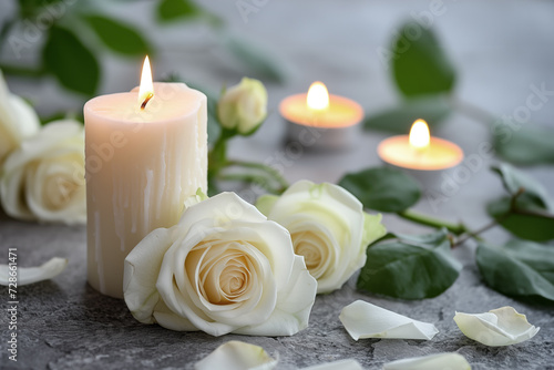 White candles with roses and flowers petals, funeral memrial, sympathy and condolences card, death notice