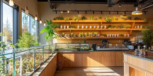 Empty interior of a modern cannabis or medical marijuana dispensary facility. Filled displays and counters with product