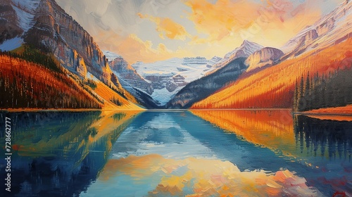 An acrylic on canvas painting depicting Lake Louise in Alberta at golden hour.
