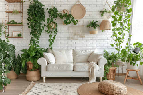 Warm pastel white and beige colors are used in the interior design of the spacious, cheerful studio apartment in the Scandinavian style, with many plants