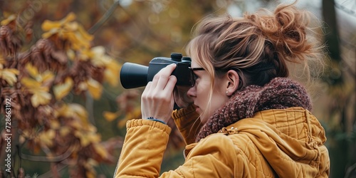 Woman looking through binoculars outdoors for birdwatching and more