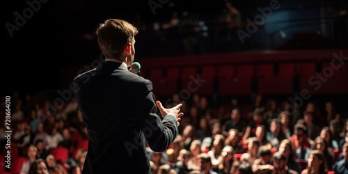 Public speaking concept with male motivational speaker giving talk at a conference filled with people in the audience. 