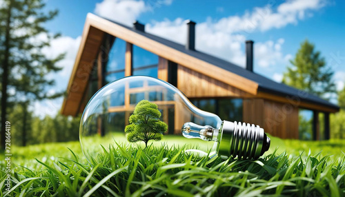 Concept d'économie d'énergie verte et de maison écologique. Ampoule sur fond de nature - IA générative