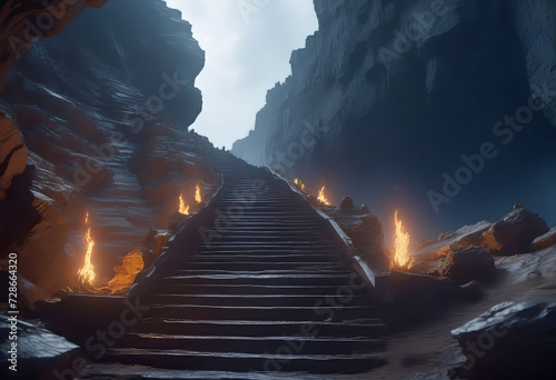 a dark staircase going down the side of a rock and leading to the terrible black gates of hell (the underworld), Entrance to hell,