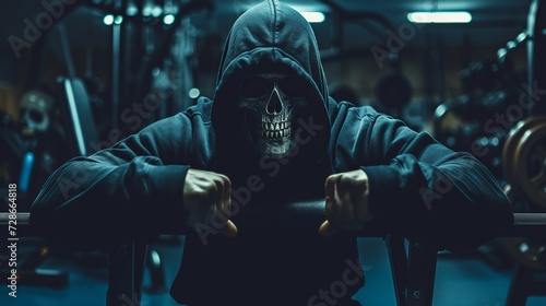 strong body skull in hoodie sitting on bench press, with big biceps at gym, flexing muscles poster style motivation, dark 