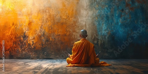 Buddhist monk in orange robe meditating while staring away from camera