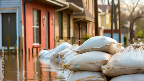 Sandbags in place for flood defense in a residential area, emergency preparedness and sub urban flooding due to extreme weather.