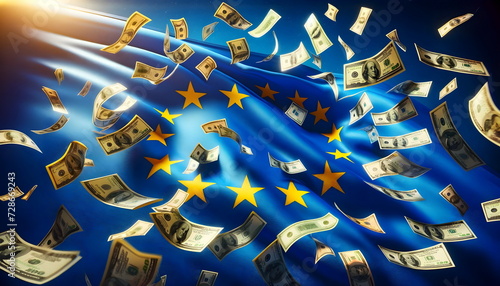 dollar banknotes flying on european union flag