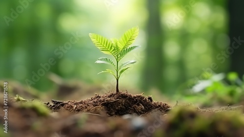 Young rowan tree seedling grow from old stump in Poland forest, Bright color, ultra realistic 