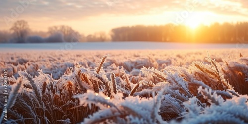 Spring frosts damaged winter crops and frozen plants in the meadow at sunrise affecting the sowing of wheat in agricultural fields covered with hoarfrost during the spring, Generative AI