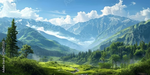 scenic landscape of Country, the lush green mountains adorned with towering trees and pine woods, stand as a testament to the natural wonders of the sky-kissed wilderness, explorers, Generative AI