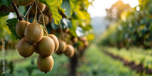 Fresh kiwi fruits hanging on trees in an Italian orchard, Generative AI