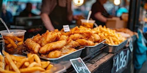 Street food market displaying photo of classic fish and chips, Generative AI