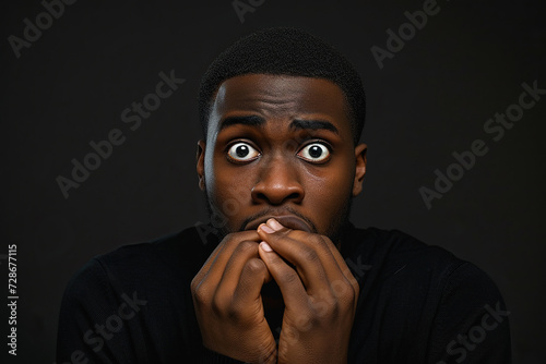 Nervous African American man and biting nails in studio with oops reaction to gossip on black background.