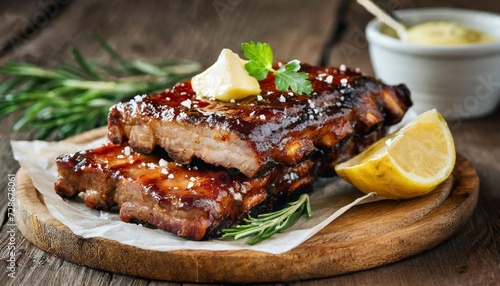 delicious bbq ribs on wooden table with garlic butter