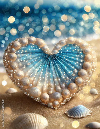 Rustic blue heart on beach, Wedding, Anniversary, Twine and shell heart on beach