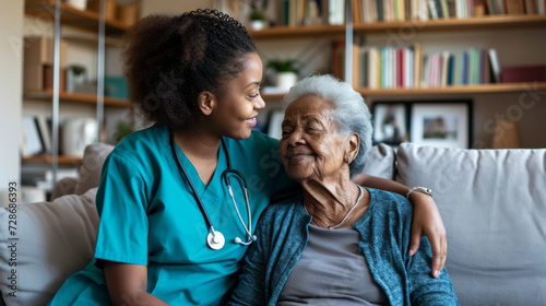tender moment between a young female nurse in scrubs with a stethoscope and an elderly woman
