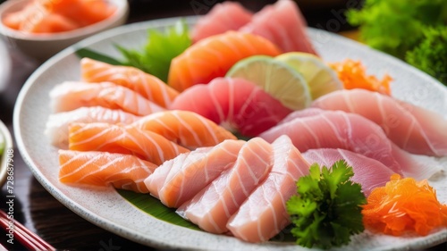 Delicately plated, a variety of sashimi slices, such as salmon and tuna, are complemented by the refreshing accents of lemon and parsley