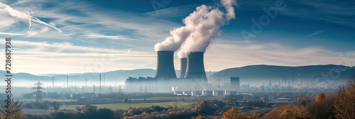 Nuclear power plant blowing smoke into the sky to produce electricity to power the grid