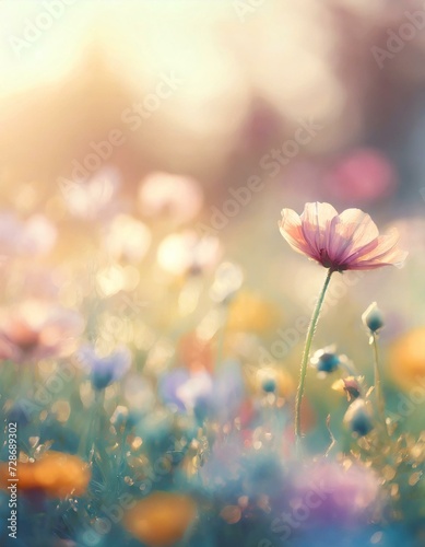 Pale bright pastel background with beautiful colorful springtime meadow flowers. 