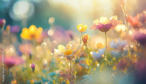 Pale bright pastel background with beautiful colorful springtime meadow flowers. 