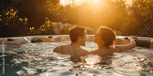 Couple (man and woman) relaxing in a hot tub for romantic spa day