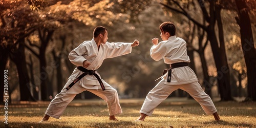 Karate concept with black belt fighter wearing gi in fighting positioon