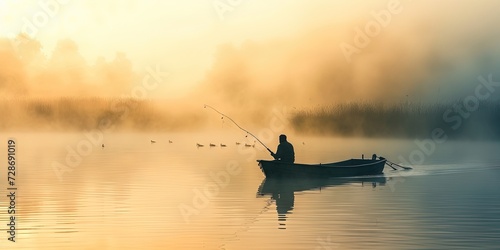 Fishing concept with fisherman on the lake ready to wrangle a large fish