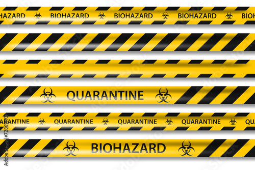 PNG biohazard danger yellow black seamless tape set isolated on transparent background. Safety fencing ribbon. Quarantine flu. Warning danger influenza hazard. Global pandemic coronavirus