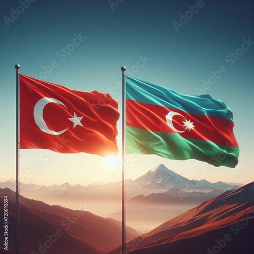 Flying Flags of Turkey and Azerbaijan against Mountain Backdrop - Unity in Diversity