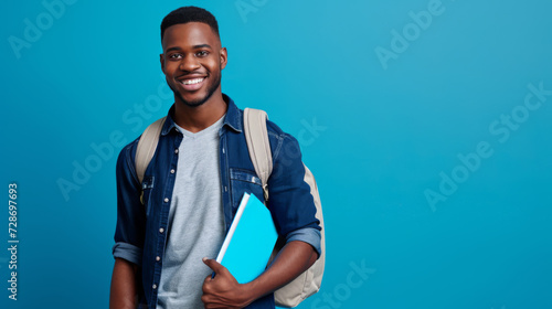 young man with a friendly smile, wearing a denim shirt over a gray tee and carrying a backpack over one shoulder, holding books in front of a solid blue background
