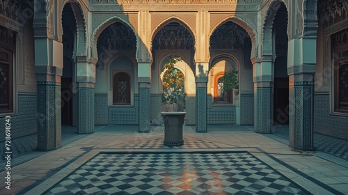 A traditional mosque courtyard adorned with intricate tiles, an empty podium with Arabic calligraphy, and the tranquil atmosphere of a Ramadan evening.