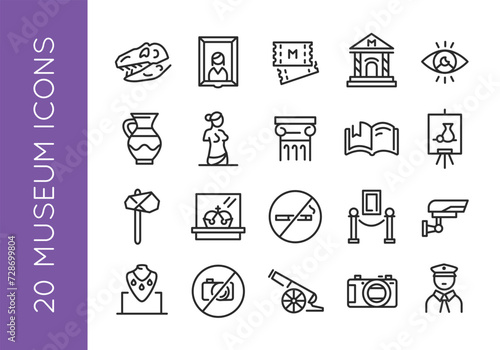 Museum, exhibition icons Exposition or art gallery, culture center simple line icons on white background for mobile app, web, promotional and SMM. Editable stroke. Vector illustraton.