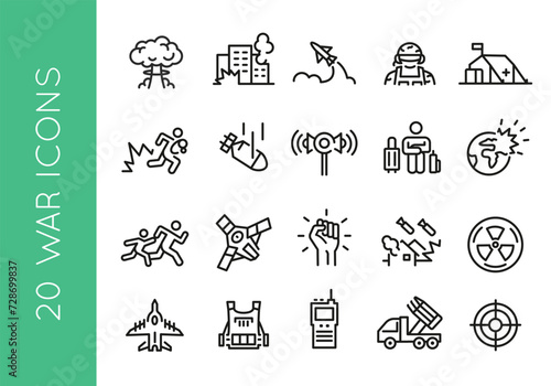 military, war, explosion, soldier, satellite, tank, weapons icons set. Vector illustartion
