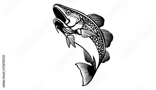 Cod fish logo design. Cod fish emblem. Fishing theme illustration. Fish Isolated on white.