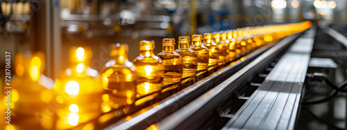 Bottled vegetable oil on conveyor automated machine being produced in food production plant