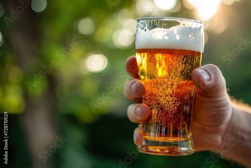 Close up male hand holding freshly poured beer in a large glass on a green natural bright background, concept of outdoor recreation and st. patrick's day celebration