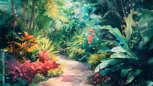 Oasis Tropical: Ilustración Acuarela de Jardín Botánico Exuberante