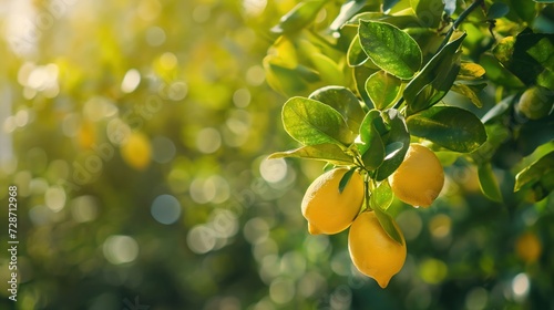 Vibrant ripe lemon citrus fruits on a branch and sunny green leaves. Outdoor nature background.