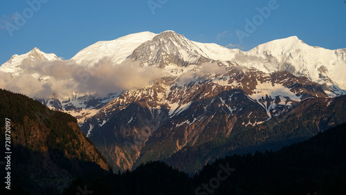 Mont Blanc, highest mountain in Alps and Western Europe with elevation 4809 m, popular climbing mountain lies between France and Italy
