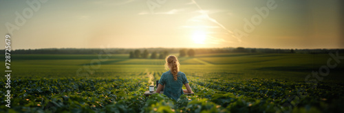 A female worker sits at a desk in the middle of lush, green farmland. Crop insurance agent. A surreal image representing rural work from home, the technology shift in rural America, workplace culture