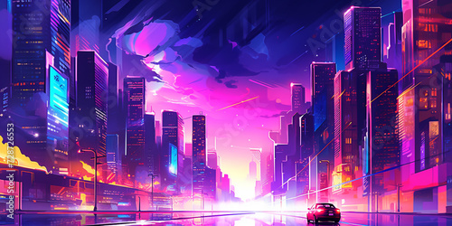 retrowave neon city wide banner with place for text. Technological cyberpunk modern design trendy original Poster, invitation, flyer, banner, email, header, social media post. Generative Ai content