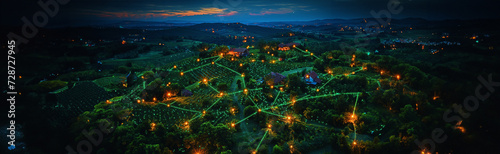 A Birds Eye view of a conceptual rural town landscape at night, illuminated by a glowing grid that references the appearance of technology across the rural landscape