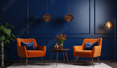 Sala com duas poltronas em laranja com parede azul de fundo, tornando o ambiente moderno e cheio de estilo