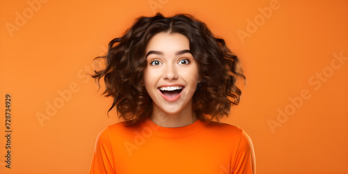 Image of shocked excited young woman standing isolated on orange background. Looking at the camera.