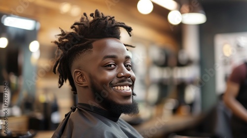 Black young smiling man sitting in a barbershop and getting a haircut