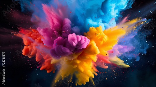 A vibrant CMYK explosion depicting a dynamic burst of cyan, magenta, yellow, and black toner splatters against a white background, symbolizing creativity and the printing process.