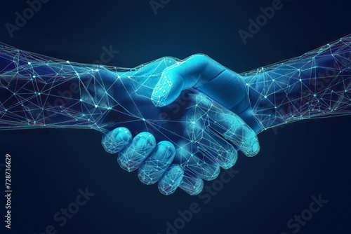 Two wire-frame glowing hands coming together in a handshake, representing technology, business, and the concept of trust